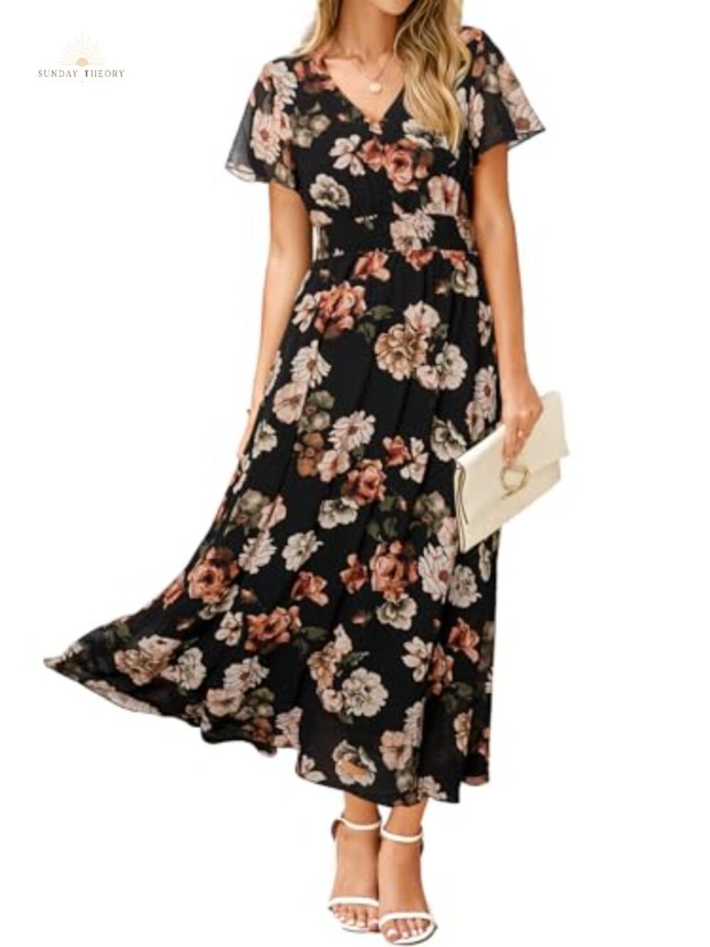 Womens Floral Maxi Dress Short Sleeve Chiffon Boho Summer Wedding Guest